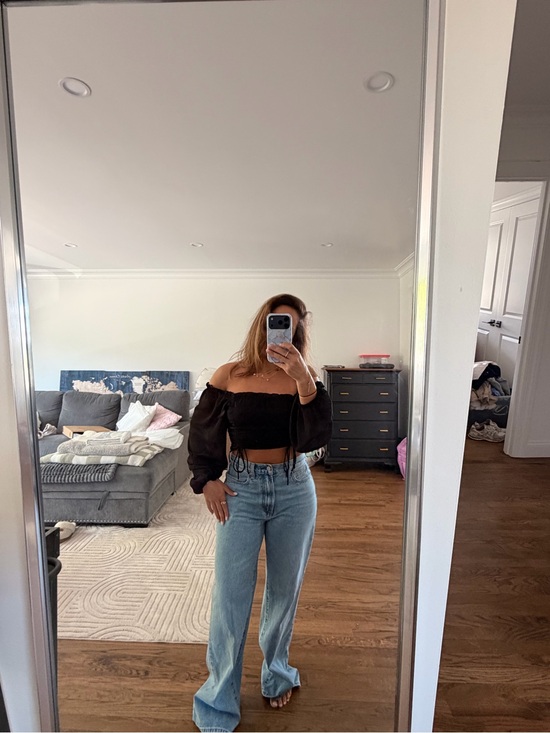 None Tops - Black Off-Shoulder Puff Sleeve Crop Top